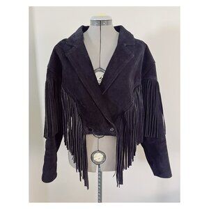 VTG Chia Sz L Black Suede Cropped Western Fringe Jacket 80s